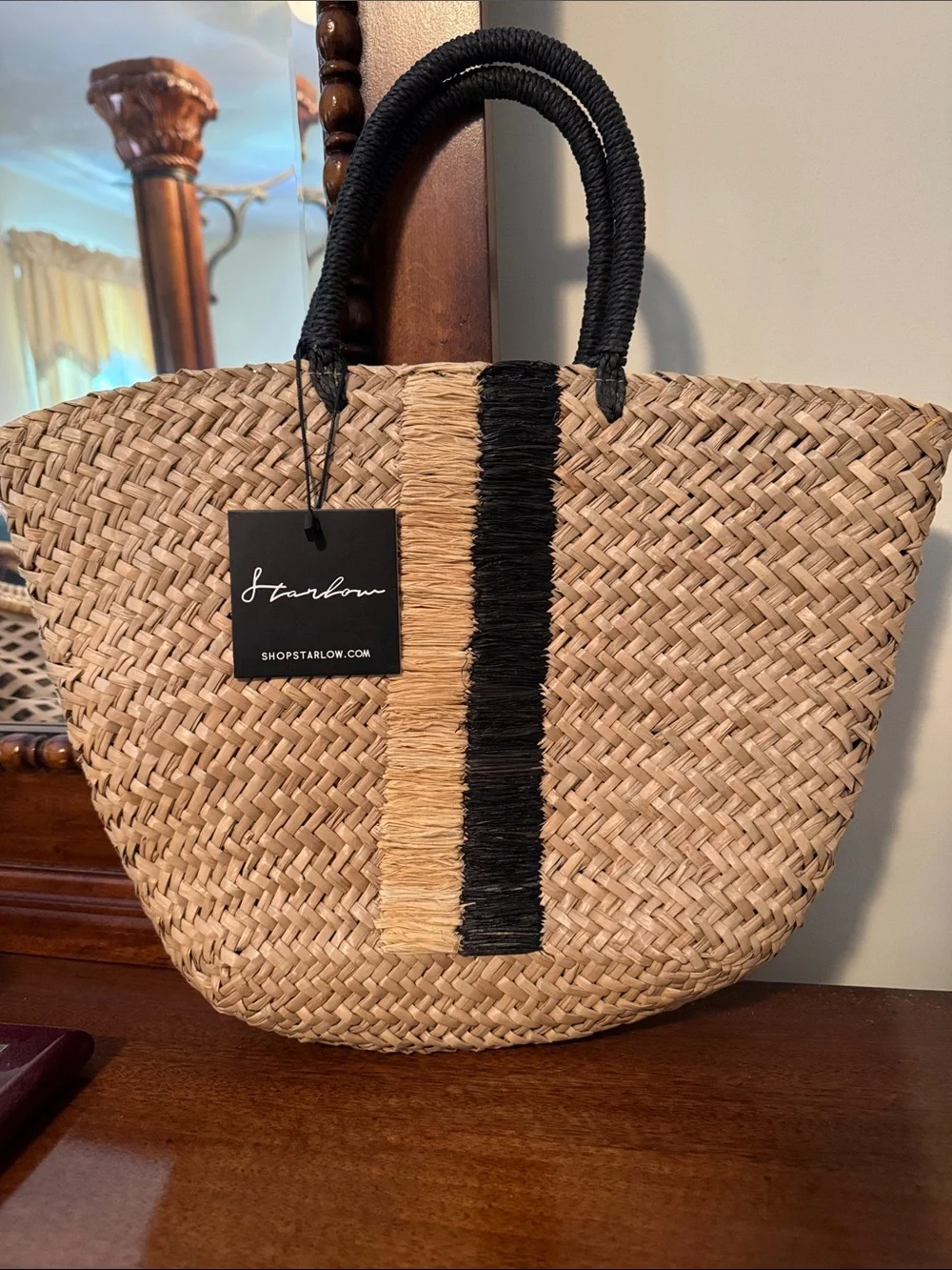 Natural Straw Tote with Black Accent